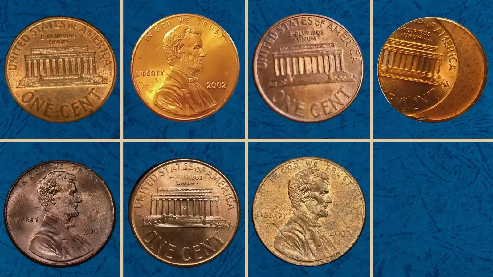 2002 Lincoln penny grading strip showing four condition tiers from worn to gem uncirculated MS67 Red